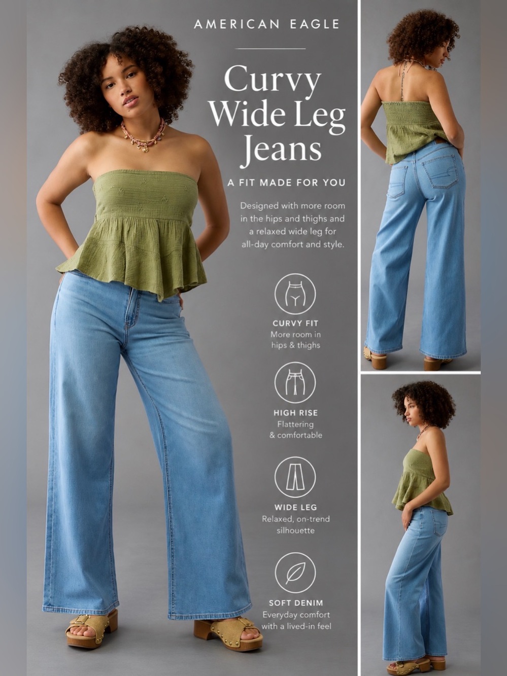 American Eagle Outfitters Curvy Wide Leg Jeans - Light Blue